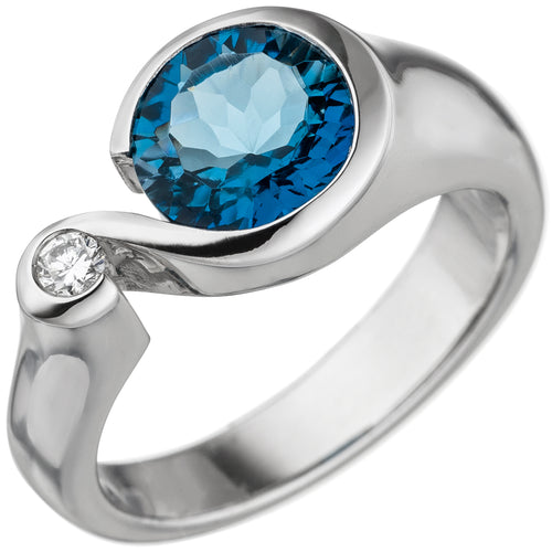 Damen Ring 585 Gold Weißgold 1 Blautopas hellblau blau 1 Diamant Brillant