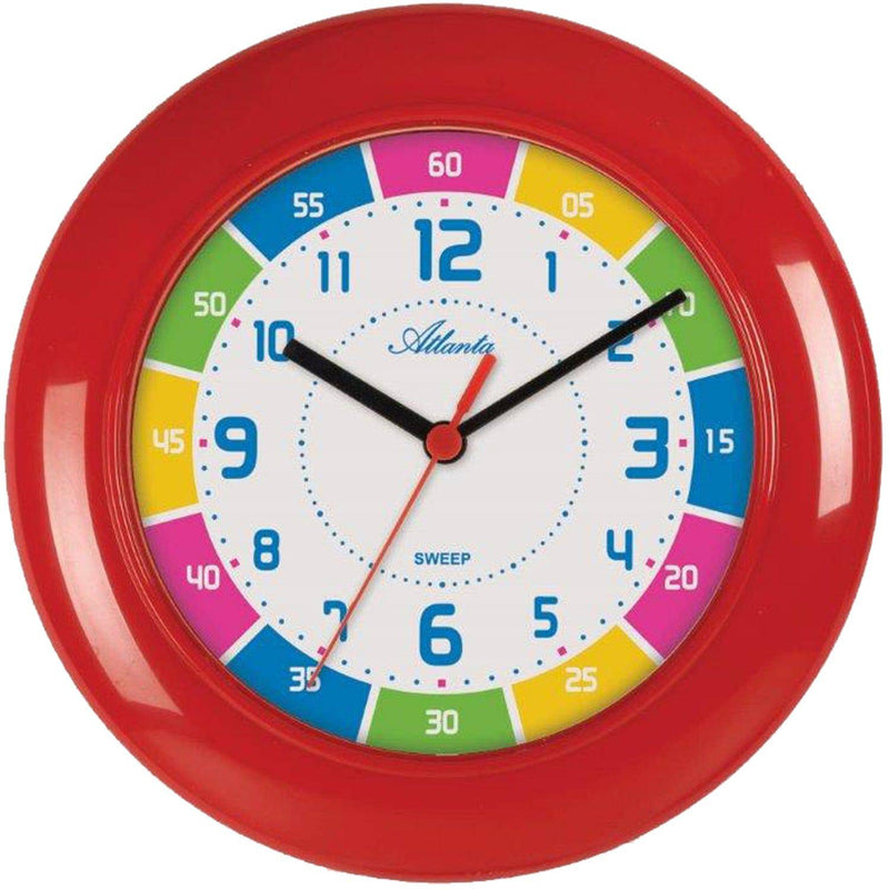 Atlanta 4430/1 Wanduhr für Kinder rot bunt leise Kinderwanduhr ohne Ticken