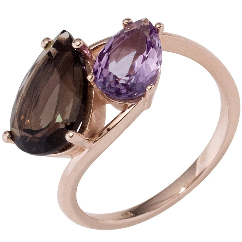 Damen Ring 585 Gold Rotgold 1 Rauchquarz braun 1 Amethyst lila violett